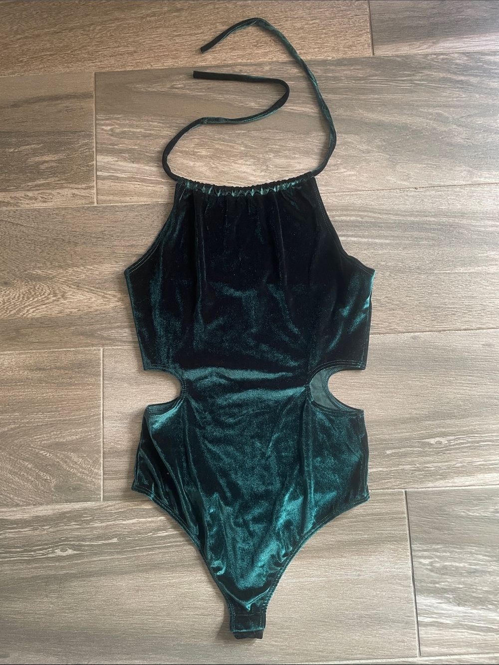 Blue Blush Dark Emerald Green Velvet Halter Cutout Bodysuit